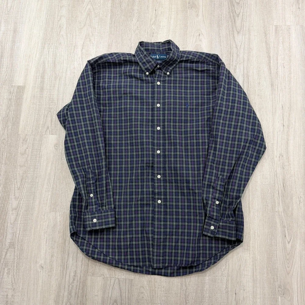 Vintage Polo Ralph Lauren Blake Shirt Men's Large Blue Green Tartan Plaid 90s